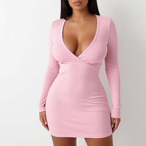 Photograph of a woman with long black hair, wearing a tight, pink ribbed, long-sleeve dress with a deep V-neck, highlighting