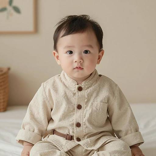 Asian Baby Boy in Beige Traditional Outfit