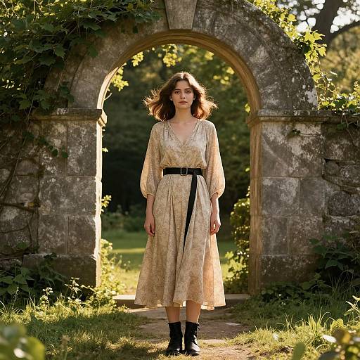 Photograph of a young woman with wavy brown hair, wearing a beige floral dress, black belt, and black boots, standing in a sunlit