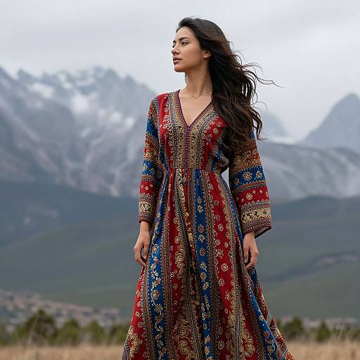 Photograph of a woman with long dark hair, wearing an ornate, multicolored, patterned long dress, standing in a mountainous field