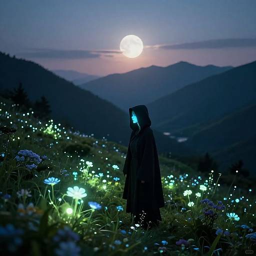 Digital artwork of a hooded figure with glowing blue eyes standing in a luminous, moonlit meadow of blue and white flowers, surrounded by dark