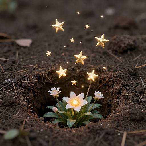Photograph of a glowing white daffodil with star-shaped lights floating above, nestled in dark, moist soil with scattered leaves.