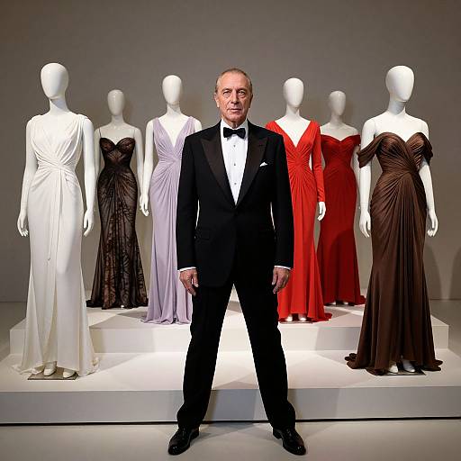 Photograph of a middle-aged man in a black tuxedo standing between six white mannequins wearing elegant evening gowns in white, lavender