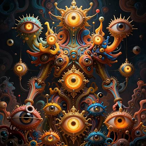 Digital art of surreal, ornate eyes with glowing centers, surrounded by colorful, intricate, spiked, and tentacle-like patterns on a dark, swirling