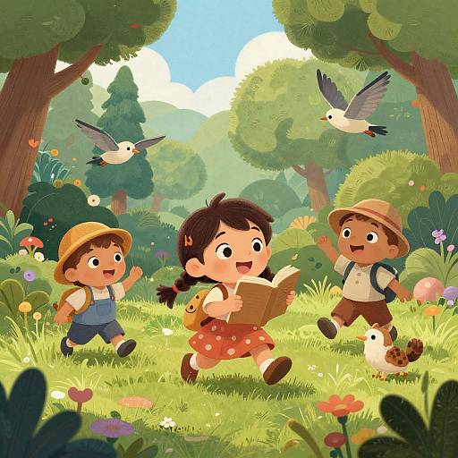 Colorful cartoon of three cheerful children exploring a sunny forest, with two birds flying, and vibrant flowers and grass.