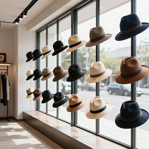 Photograph of a sunlit hat store display with black and beige fedoras hanging in a grid on large windows.