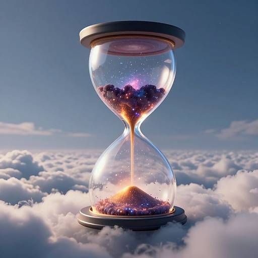 Digital artwork of a glowing hourglass filled with floating stars, set against a cloudy sky and blue horizon, resembling a cosmic scene.