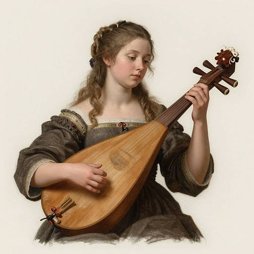 Digital rendering of a young woman with fair skin, brown wavy hair, and Renaissance-style dress, playing a wooden harp against a white background.