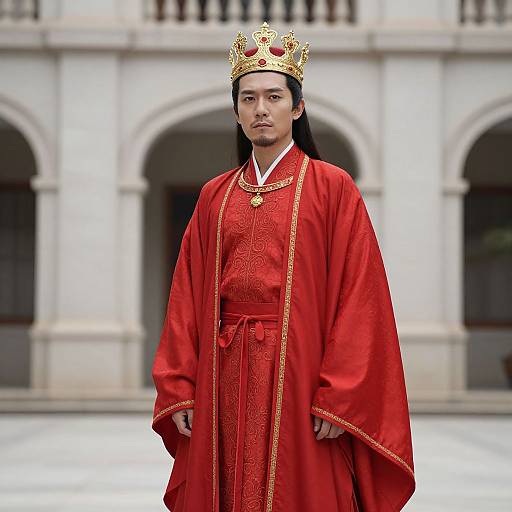 Photograph of a serious Asian man with long black hair, wearing a golden crown and red royal robe, standing in front of a white arched building