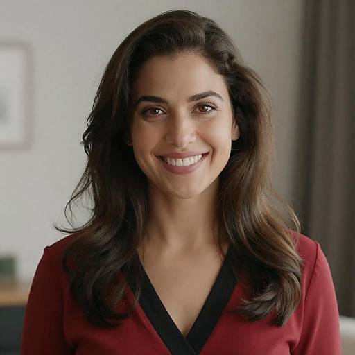 Smiling Woman with Wavy Hair in Red and Black Top