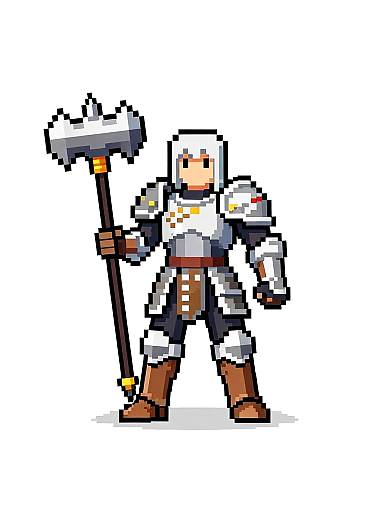 Pixel art of a white-armored knight with a large hammer, brown boots, standing confidently against a gray and white background.