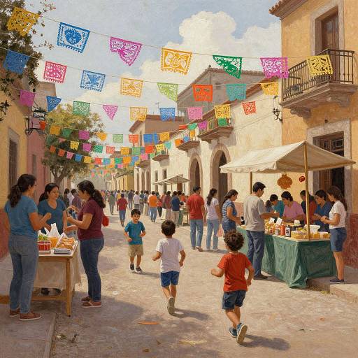 Vibrant street market scene: colorful Mexican paper banners, diverse crowd, children running, vendors under umbrellas, sunlit, cobblestone street