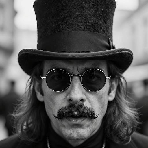 Man with Top Hat and Sunglasses in Black and White
