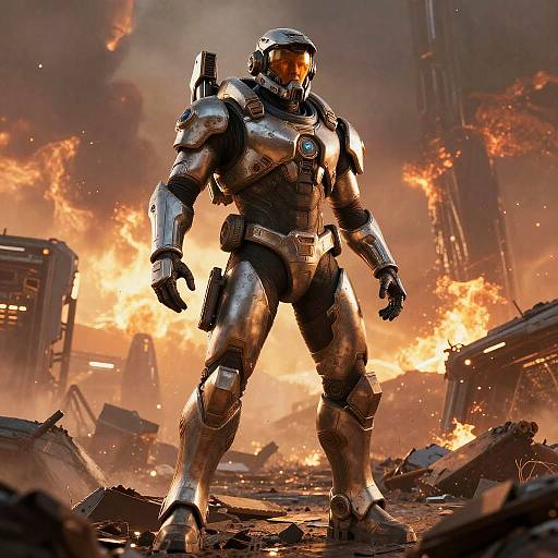 Futuristic Warrior in Sci-Fi Armor on Alien Battlefield