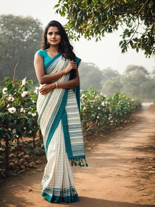 Woman in Malmal Cotton Saree in Outdoor Cotton Field