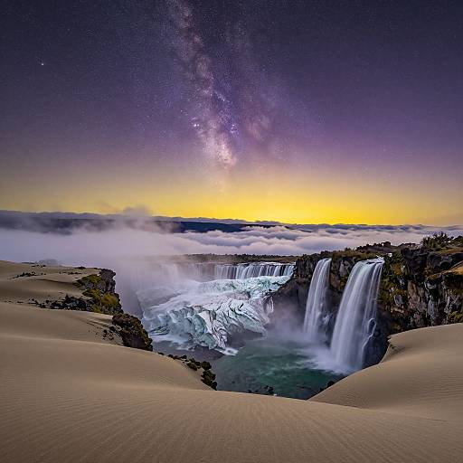 Photograph of a stunning waterfall cascading into a misty basin below, with a vibrant Milky Way galaxy overhead and clouds above a sandy desert landscape.