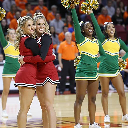 Two Cheerleading Squads Embracing and Cheering in Basketball Arena