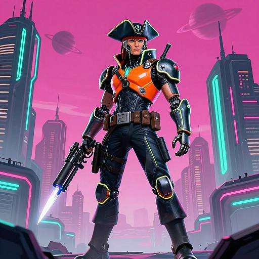 Digital art of a muscular, futuristic pirate in neon pink sky, wearing black armor, orange vest, holding a glowing knife, standing in a neon-l