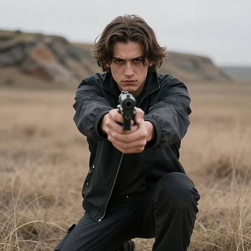 Kneeling Man Pointing Gun Close-Up