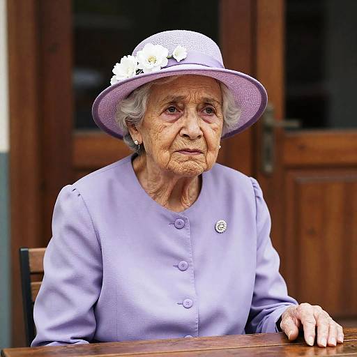 Concerned Elderly Woman in Purple Dress