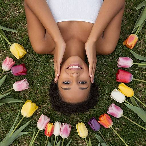 Gorgeous Woman Lying Among Tulips