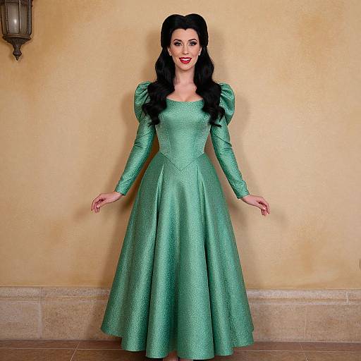 Photograph of a woman with long black hair in a teal, long-sleeved, puffed-sleeve ball gown, standing against a beige