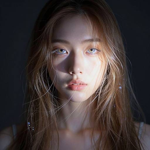 Photograph of a young woman with long brown hair, light blue eyes, and fair skin, illuminated by dramatic light and shadow against a dark background.