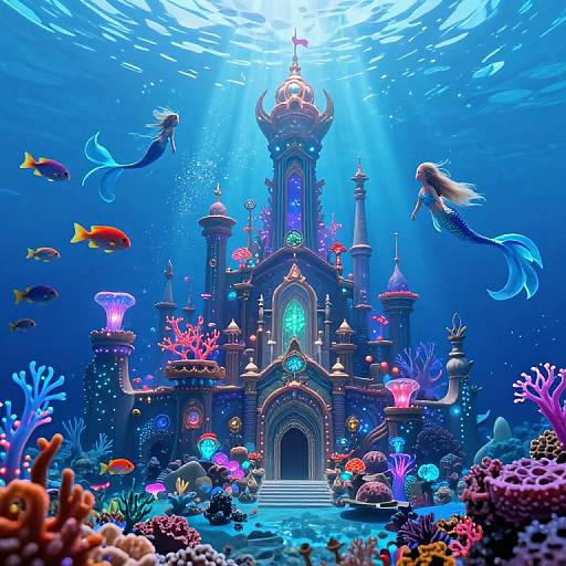Digital artwork of an underwater, glowing castle surrounded by colorful corals, fish, and mermaids, with sunlight penetrating from above.