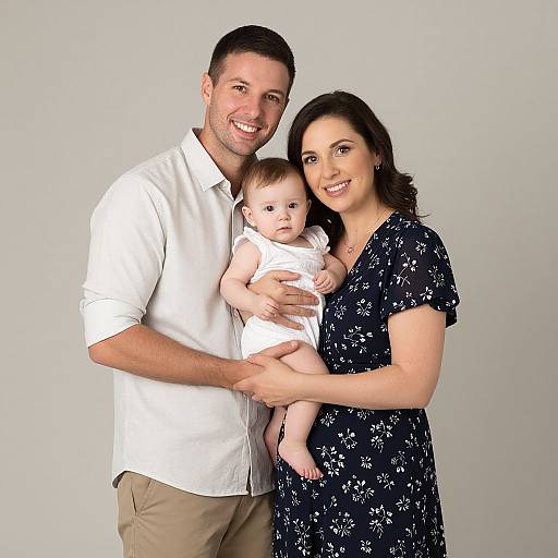 Photograph of a smiling Caucasian family: father in white shirt, khaki pants, mother in black floral dress, holding a baby in white outfit against