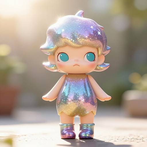 Chibi-style doll with shiny, iridescent silver outfit, large blue eyes, and sparkling silver hair, standing against a blurred outdoor background.