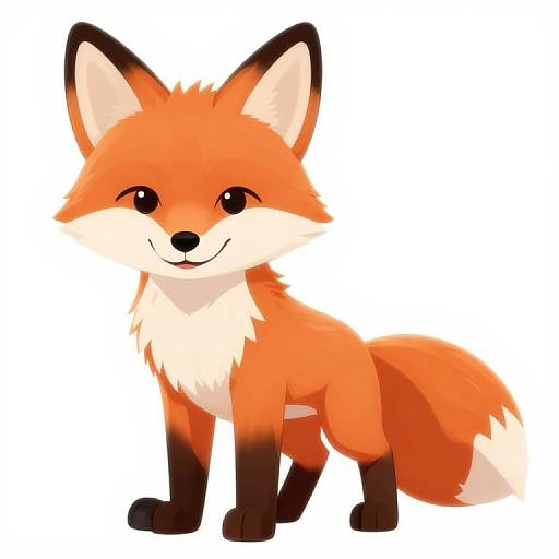 Cute digital illustration of a cartoon-style red fox with bright orange fur, white chest and tail tip, black ears and paws, and a friendly