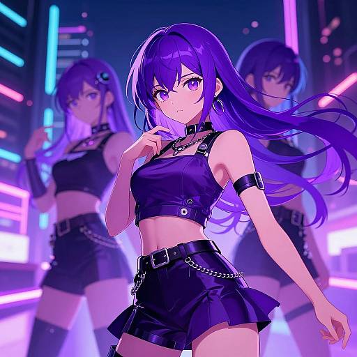 Digital anime drawing of three purple-haired women in black crop tops and skirts, neon-lit city background, futuristic, confident, stylish.
