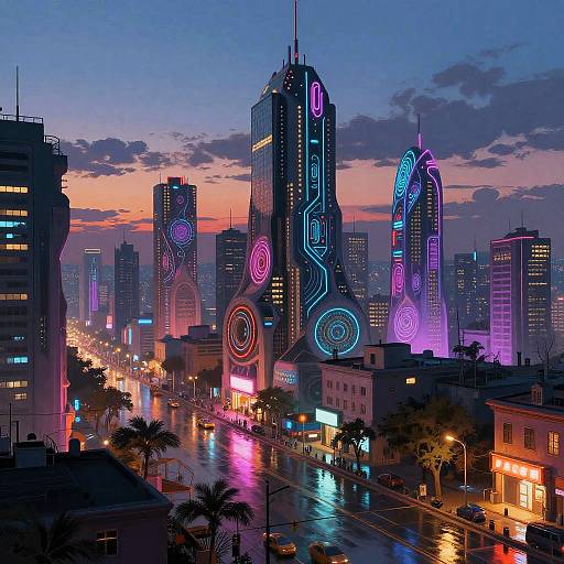 Neon-lit cityscape at dusk, featuring futuristic skyscrapers with glowing, circular patterns in vibrant purples, blues, and pinks,