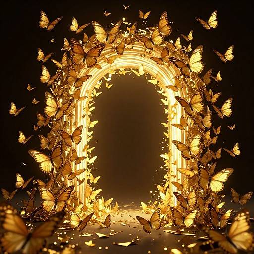 Photograph of an illuminated, arch-shaped frame surrounded by glowing, orange butterflies, creating a magical, ethereal, and vibrant nighttime scene.