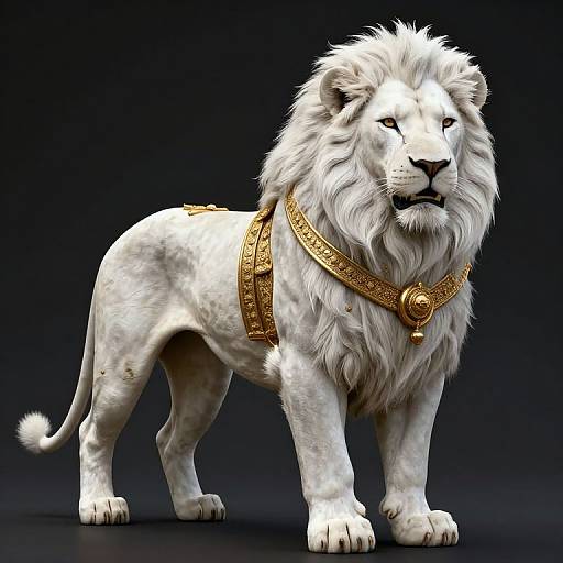 Digital illustration of a regal white lion with a majestic mane, adorned with an elaborate gold collar, standing against a dark background.