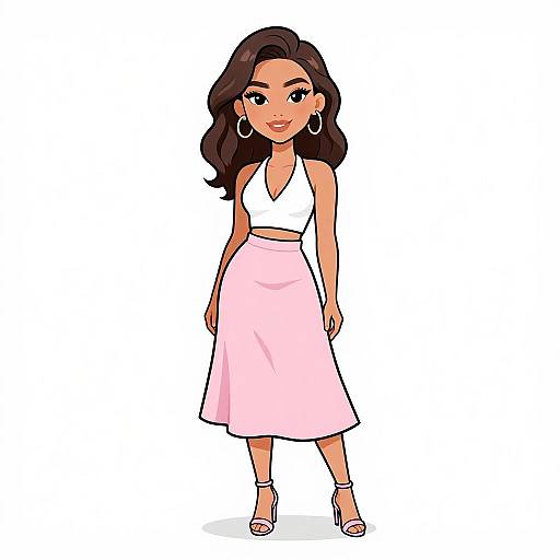 Digital cartoon of a confident woman with long dark hair, wearing a white crop top, pink midi skirt, hoop earrings, and white heels.