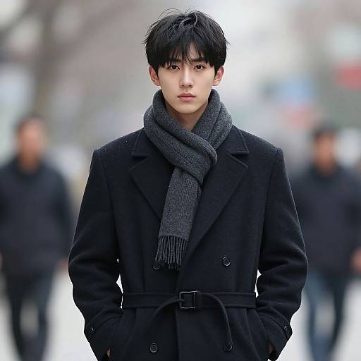 Photograph of an East Asian male model with black hair, wearing a black coat and gray scarf, standing in a blurred urban winter background with indist