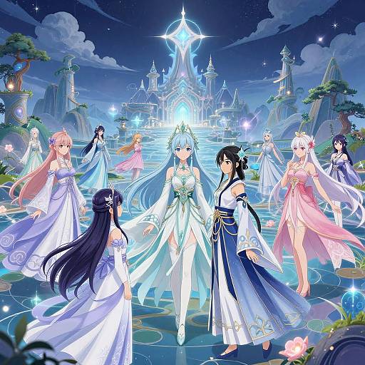 Digital anime artwork of a magical, starlit scene featuring seven ethereal women in flowing, colorful dresses around a glowing, castle-like structure.