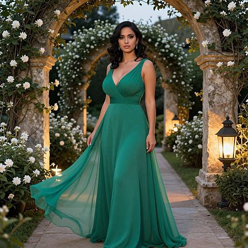 Photograph of a beautiful woman with dark hair in a deep green, V-neck, floor-length gown standing under a floral archway, illuminated by lantern