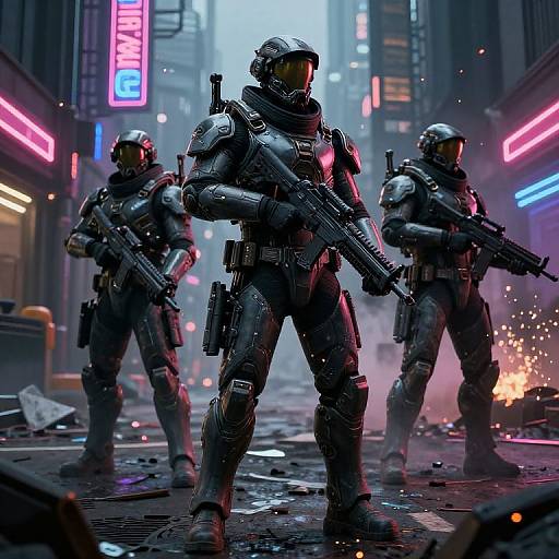 Photorealistic CGI of three armored, futuristic soldiers with assault rifles standing in a neon-lit, smoky, dystopian city street at night.