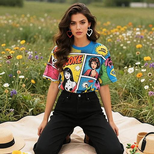 Photograph of a young woman with long, wavy dark hair, wearing a colorful comic-print shirt, black high-waisted pants, and heart