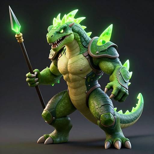 CGI image of a muscular, green-scaled, anthropomorphic dinosaur warrior with glowing neon spikes, holding a spear, wearing armored shoulder plates, and