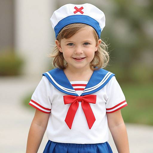 Photograph of a smiling young girl in a white sailor dress with blue collar, red bow, and blue skirt, wearing a white and blue sailor hat