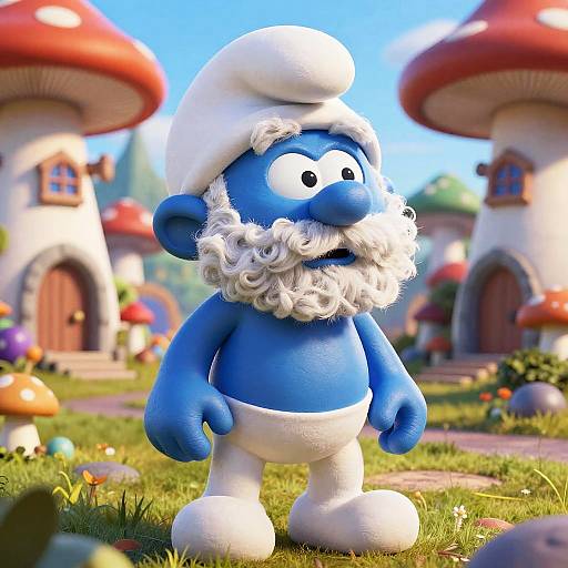 CGI image of a blue, bearded cartoon gnome with a white hat and loincloth, standing in a vibrant, whimsical mushroom village.