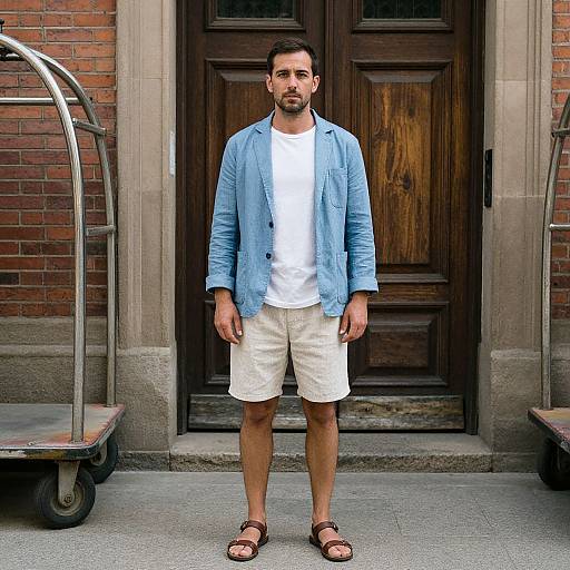 Photograph of a bearded man with dark hair, wearing a blue blazer, white t-shirt, beige shorts, and brown sandals, standing in