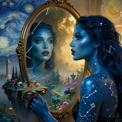 Digital artwork: Blue-skinned woman with starry face reflects in ornate mirror, surrounded by whimsical landscape with colorful plants and stars, inspired by