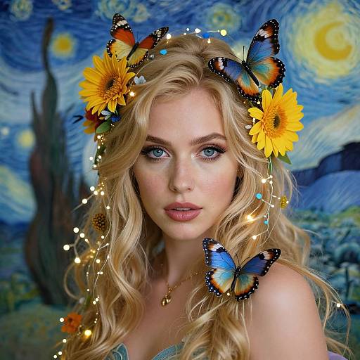 Photograph-style digital art of a blonde woman with blue eyes, adorned with sunflowers, butterflies, and fairy lights, set against a Starry Night