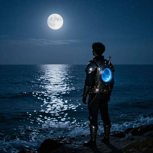 Silhouetted astronaut with glowing blue backpack stands on rocky shore, gazing at full moon over shimmering ocean under starry night sky.