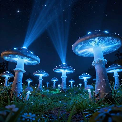 Photograph of glowing blue mushrooms under a starry night sky, with beams of blue light illuminating them, surrounded by grass and small flowers.