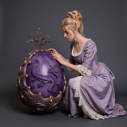 Photograph of a blonde woman in a lavender, lace-trimmed dress, kneeling beside an ornate, purple, dragon-decorated vase on